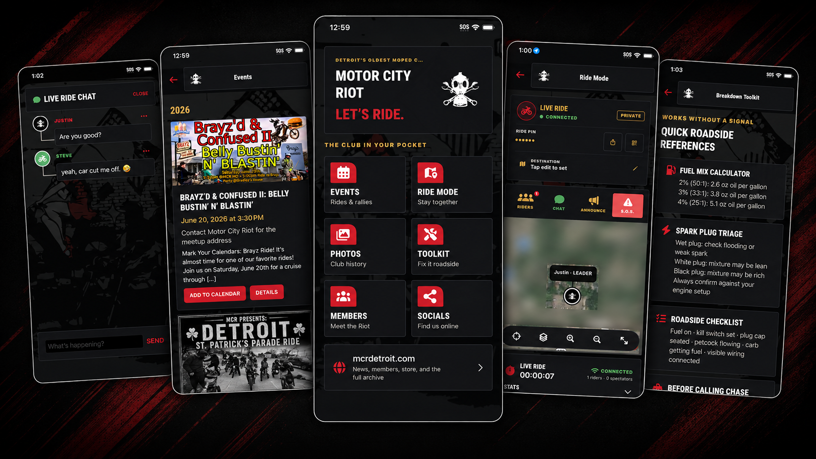 Motor City Riot app previews showing events, Ride Mode, ride chat, and roadside tools